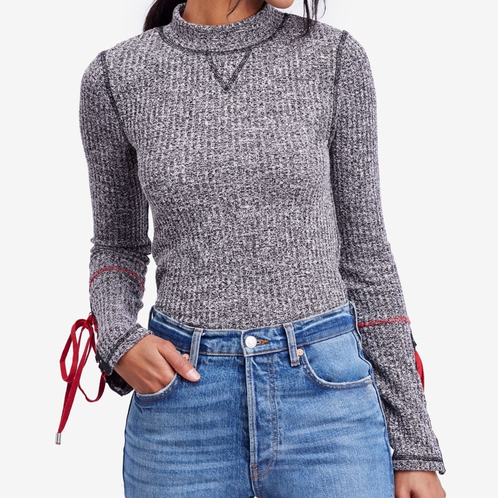 Free People Gray Mock Neck Mountaineer Cuff Top
